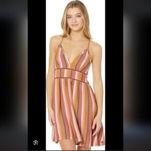 Roxy Pink, Orange & Brown Striped Spaghetti Strap Sundress